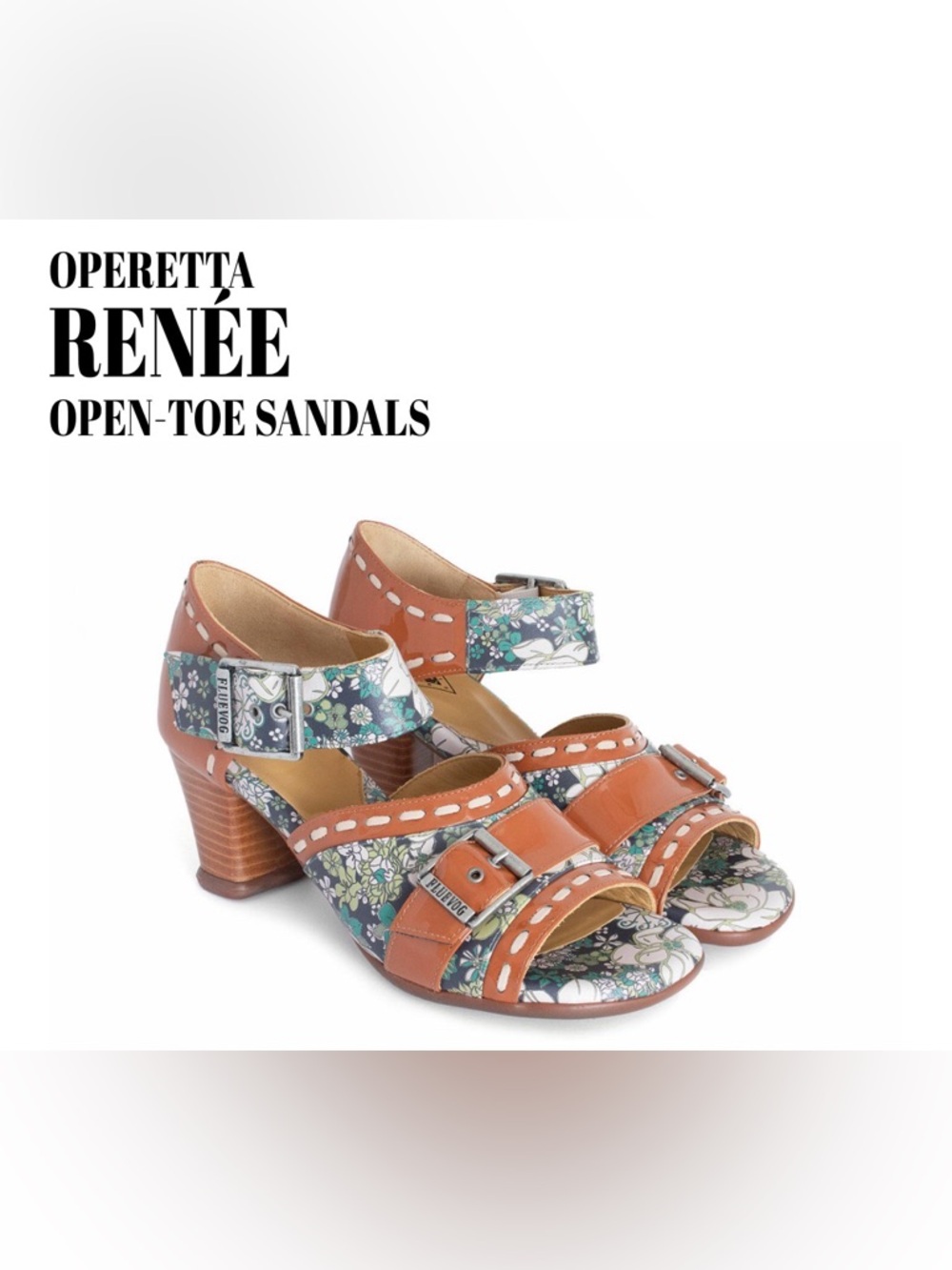 Fluevog NEW IN BOX Operetta Renee brown patent/floral buckle sandals -10.5